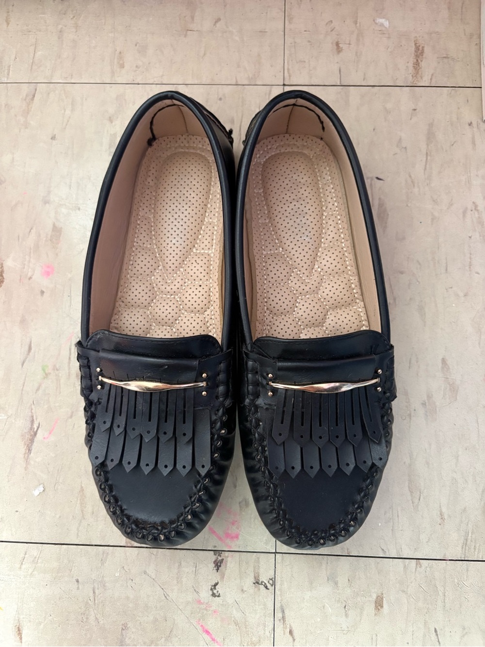 Women’s Black Fringe Loafers with Gold Bar Detail